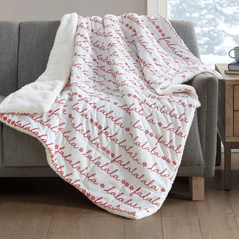 Christmas Holiday Printed "FA LA LA" Velvet to Sherpa Throw, 50" x 60"
